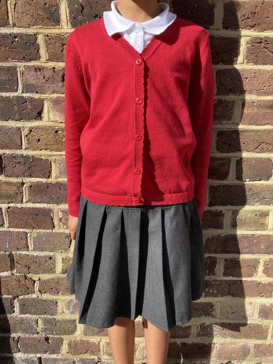 Picture of red cardigan with grey skirt
